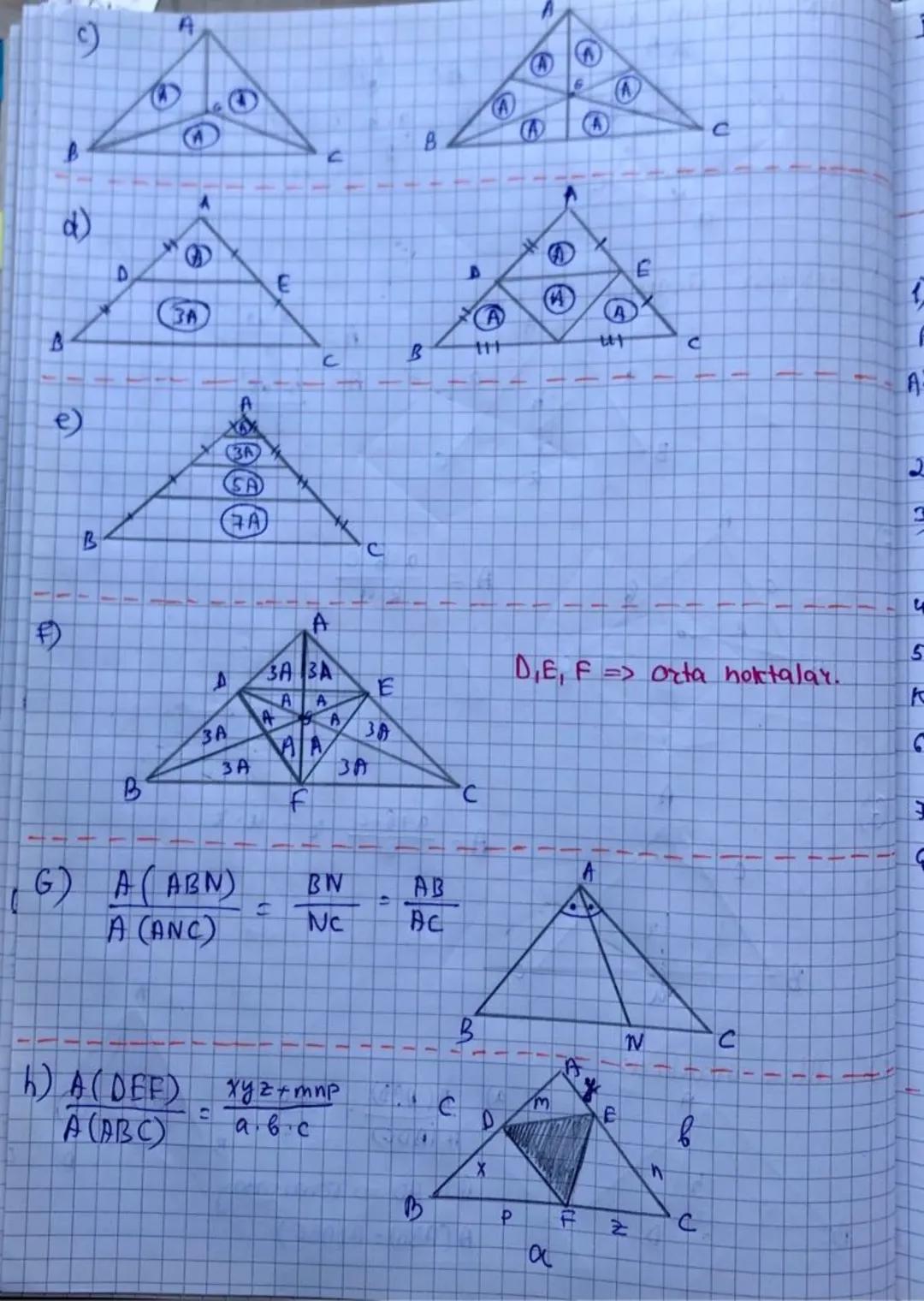 Ürgende alan.
1) Alan formülleri!
A)
A=
$A = \frac{a.ha}{2} = \frac{1}{2} a.ha = \frac{1}{2} b.hb. = \frac{1}{2} C.he$
B
a
C
B)
A
C
