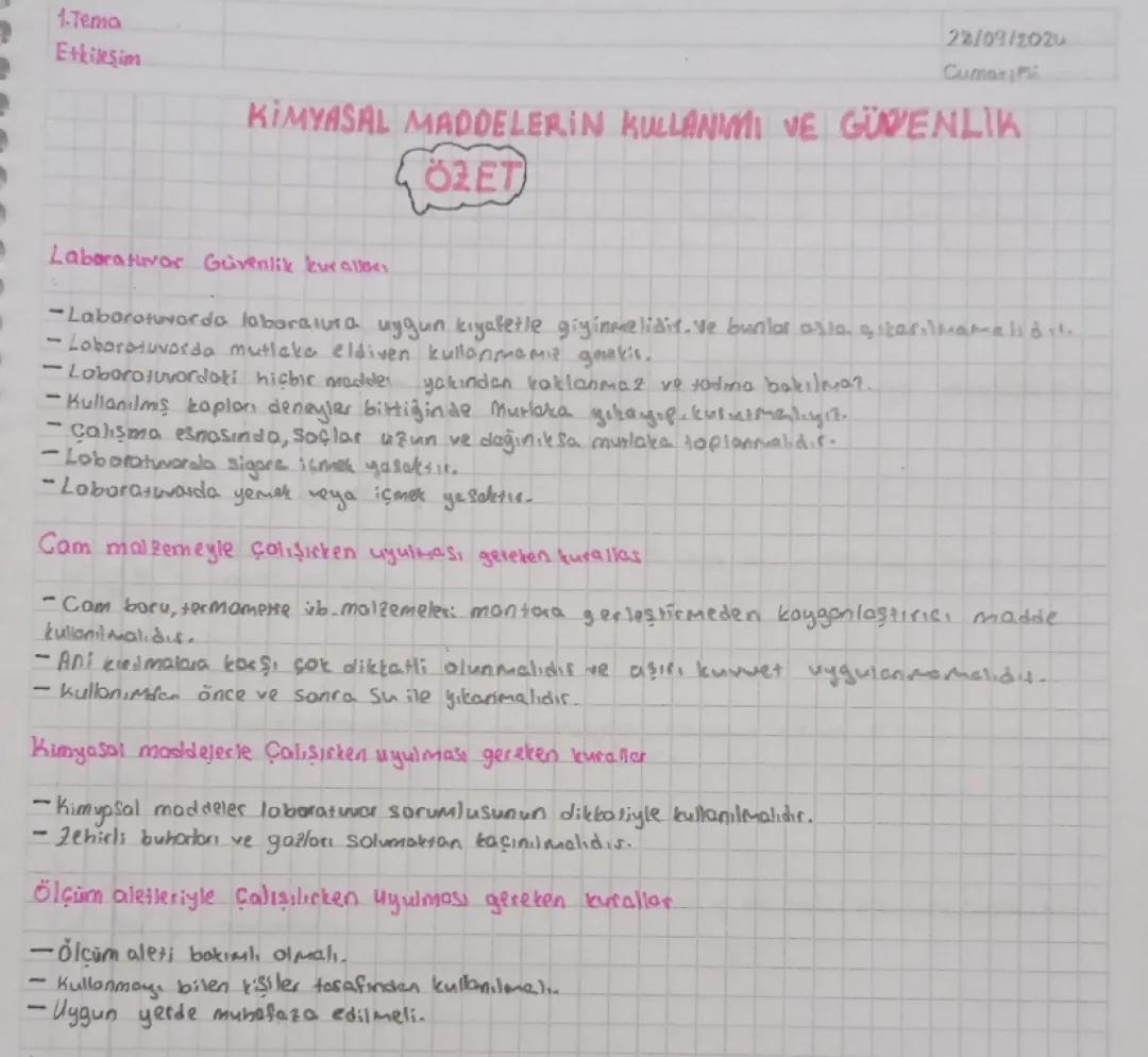 9.sinif kimya 1.tema:etkileşim kimyasal maddelerin kullanımı ve güvenlik konusu özet.