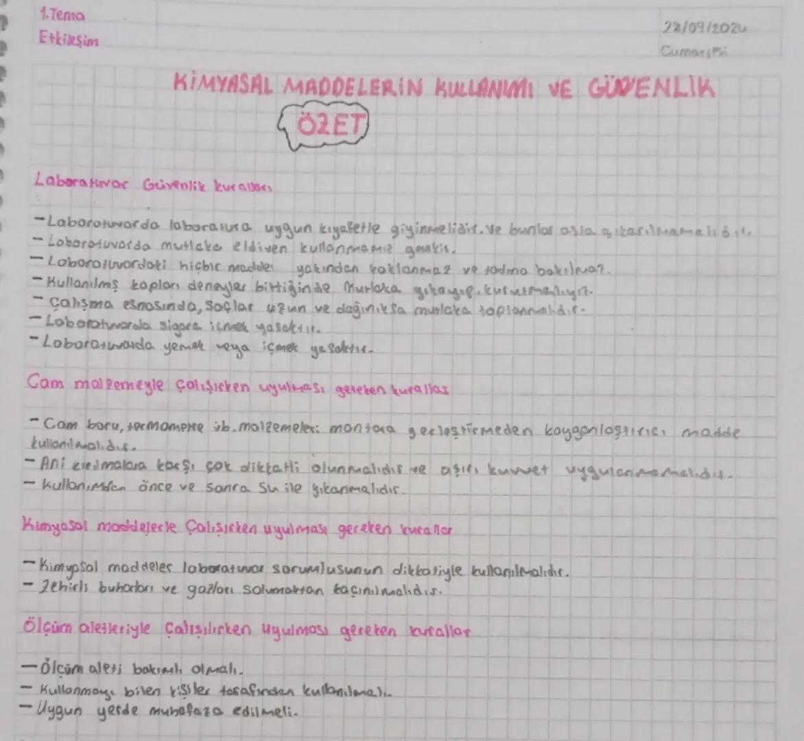 1.Tema
Etkileşim
23/09/2024
Cumori
KIMYASAL MADDELERİN KULLANIMI VE GÜVENLIK
02ET
Laboratuvar Güvenlik kuras
-Laborotworda laboratura uygun