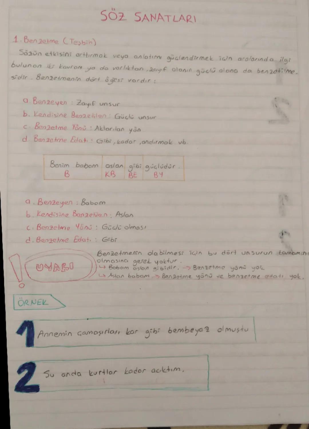 # SÖZ SANATLARI
1. Benzetme (Tesbih)
Sözün etkisini arttırmak veya anlatımı güçlendirmek için aralarında ilgi
bulunan iks kavrom ya da var
