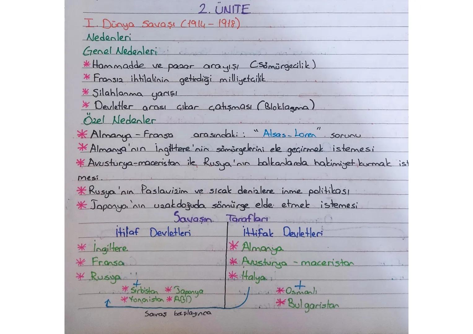2. ÜNITE
I. Dünya Savaşı (1914-1918)
Nedenleri
Genel Nedenleri
*Hammadde ve pazar arayışı (sömürgecilik)
* Fransız ihtilalinin getirdiği m