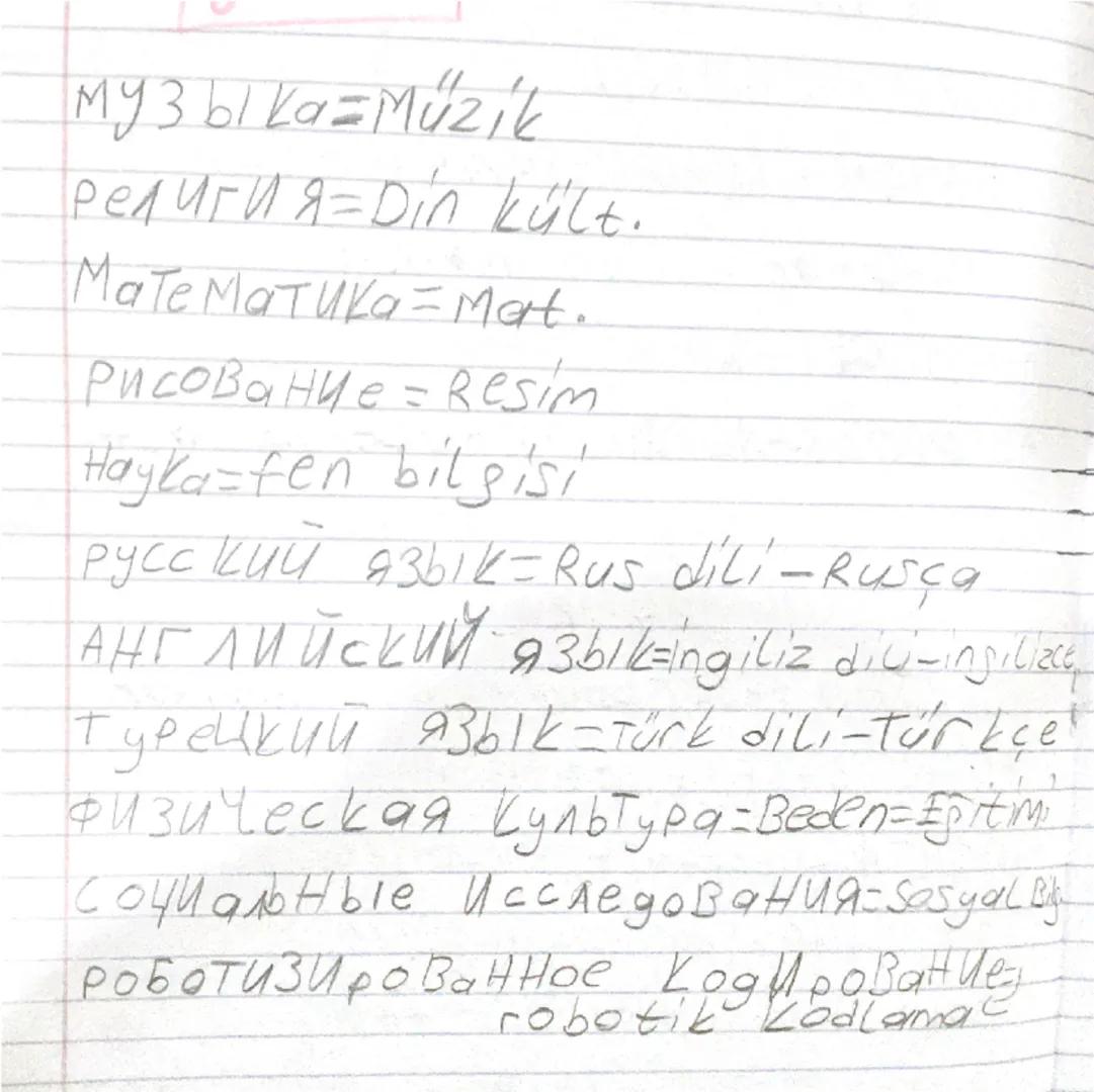 My 3 bl Ka = Müzik
религия=Din kutt.
Математика=mat.
рисование = Resim
Hayka=fen bilgisi
русский язык=Rus dili -Rusca
АНГЛИЙСКИЙ ЯЗЫkingiliz