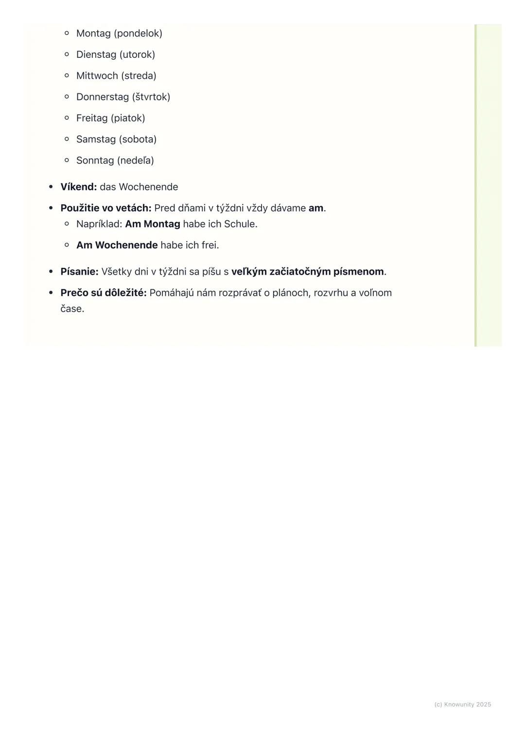 # Dni v týždni
1. Prehľad dní v týždni
Ahojte! Dnes si ideme zopakovať a naučiť sa dni v týždni po nemecky. Je to
super dôležité, lebo v n