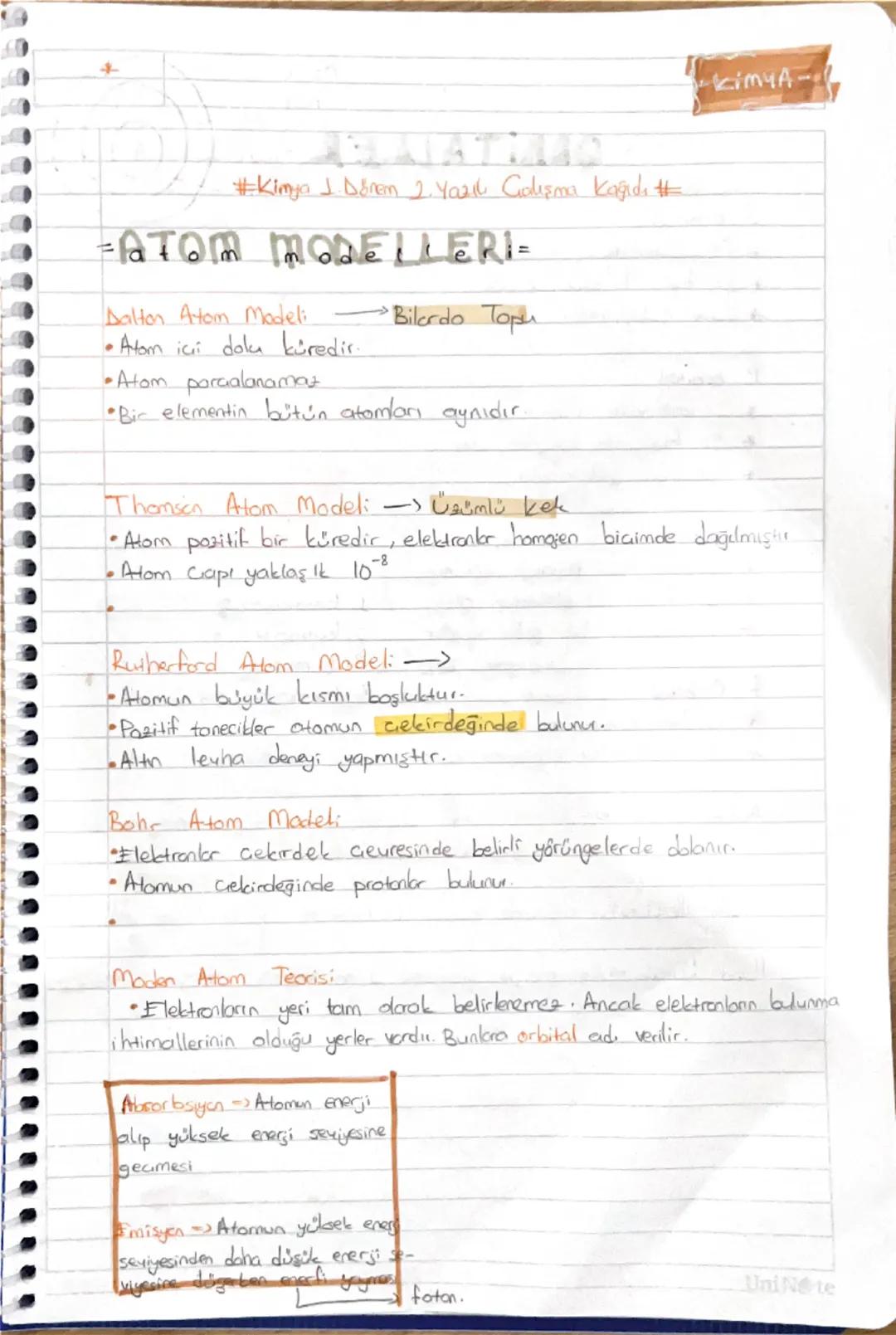 T
#Kimya J.Dönem 1.Yazık Çalışma Kağıdı #
=ATOM MODELLERI=
Dalton Atom Modeli Bilardo Topu
• Atom icii dola küredir.
Atom paraalanamaz
Bir e