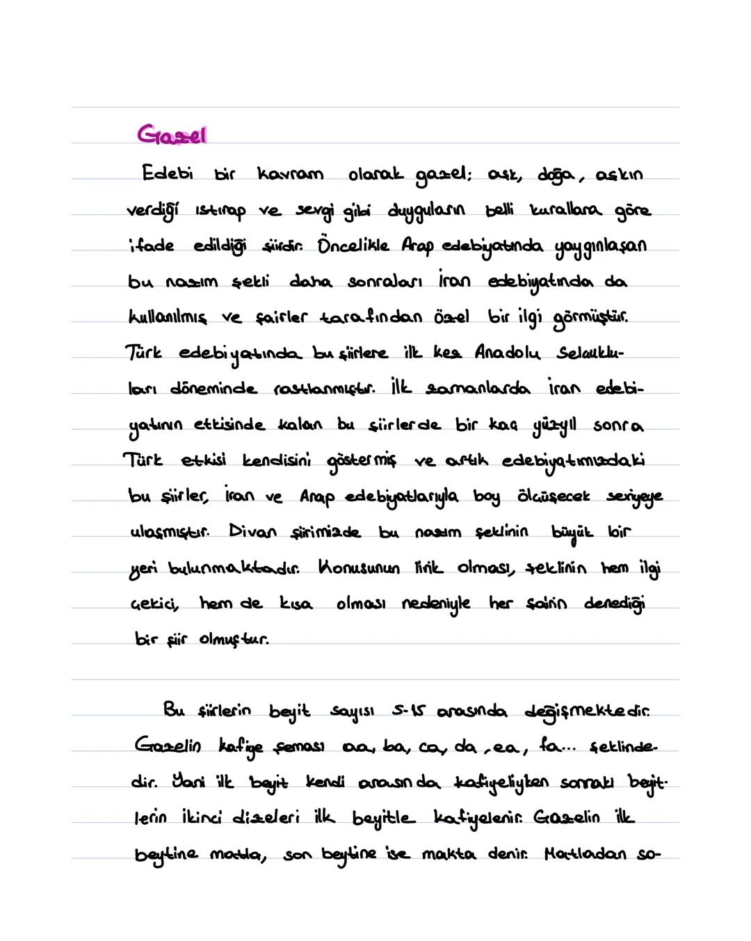Gazel
kavram
Edebi bir
verdiği istirap ve sergi gibi duyguların belli kurallara göre
ifade edildiği şiirdir. Öncelikle Arap edebiyatında yay