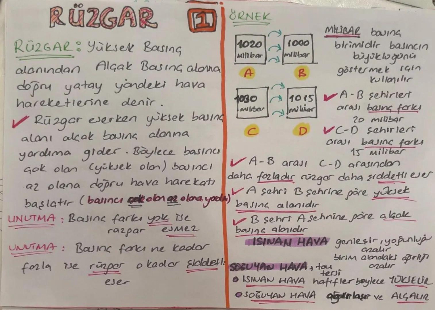 RÜZGAR
RÜZGAR: Yüksek Basınç
alanından Alçak Basınç aloma
doğru yatay yöndeki hava
hareketlerine denir.
ÖRNEK
1020
Milibar
1000
milibar