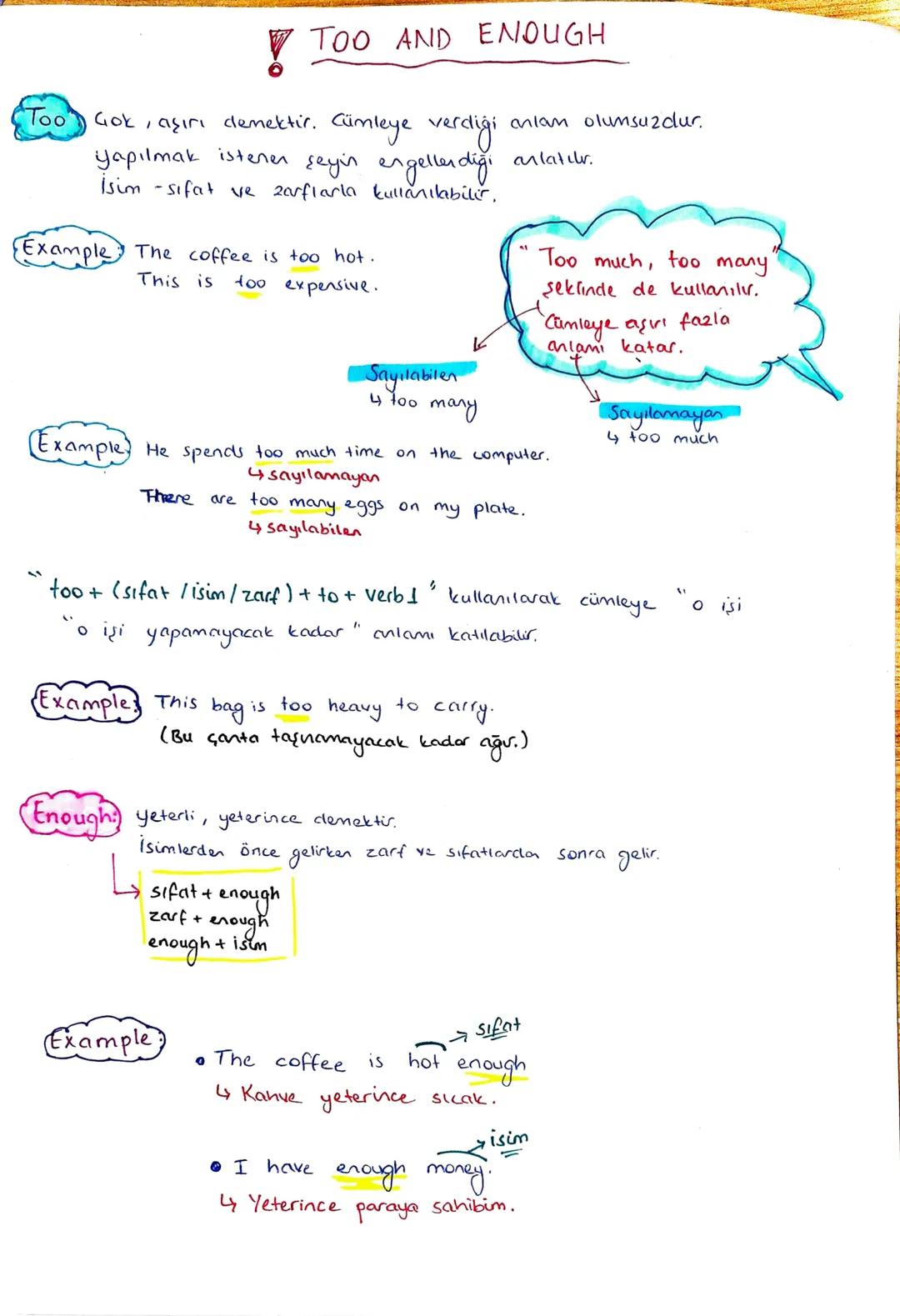 # TOO AND ENOUGH
Too Gok, aşırı demektir. Cümleye verdiği anlam olumsuzdur.
yapılmak istenen şeyin engellerdiği anlatılr.
İsim - sıfat ve z