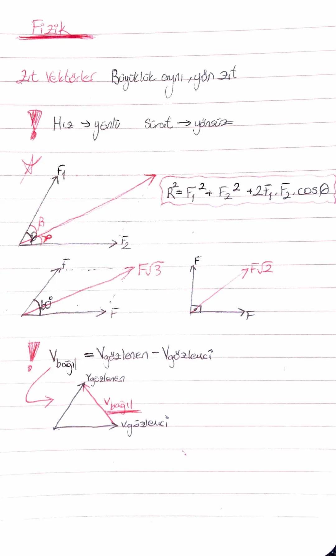 Fizik
Zit Vektörler Büyüklük aynı, yön zit.
Hiz yonto
Sürat yönsi
F
$R=F_1^2+ F_2^2 +2F_1.F.cos\theta$
F
7F2
$V_{bağil} = V_{gözlenen}