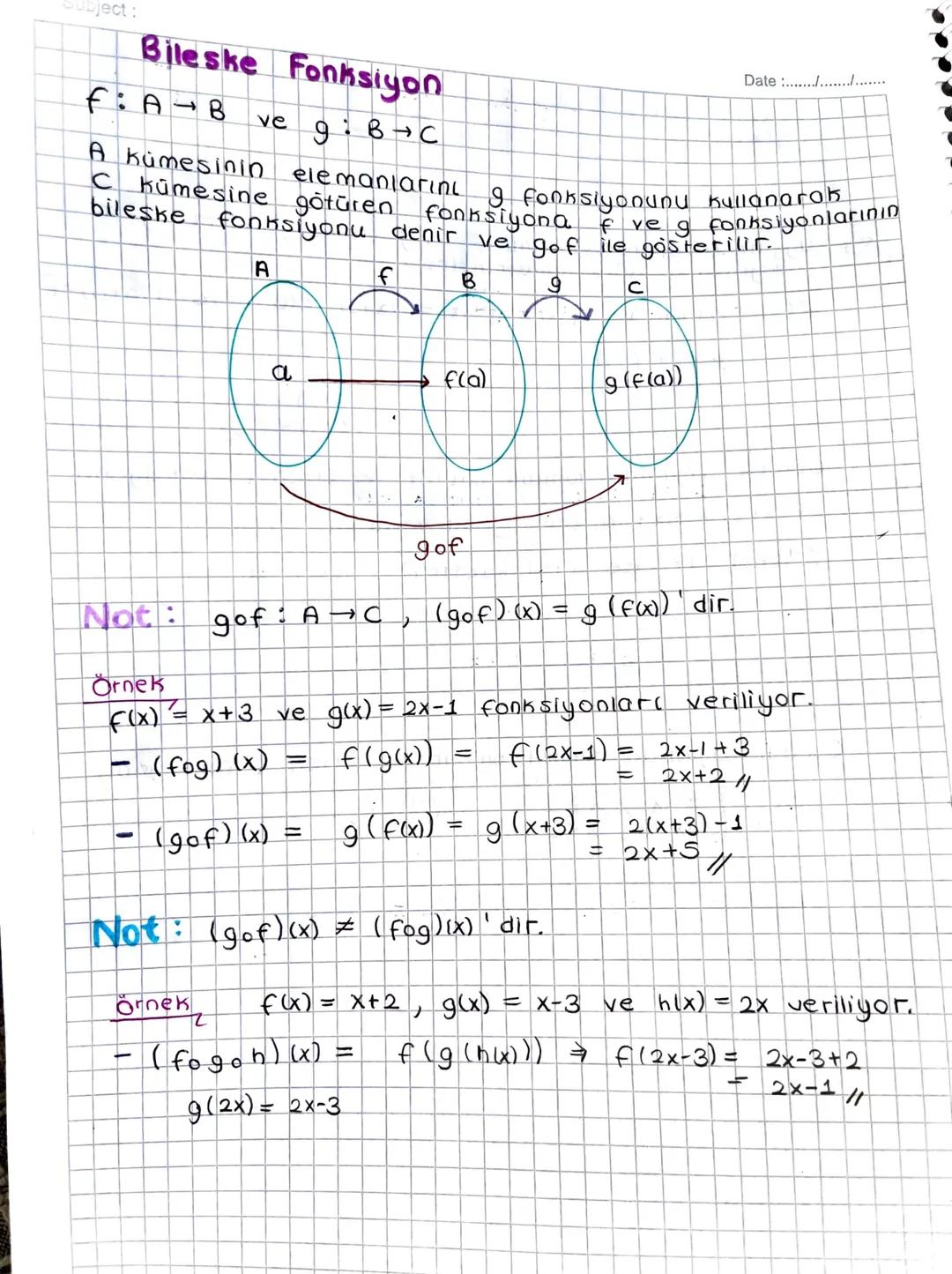 Subject:
Bileske Fonksiyon
FA-B
ve 9: B→C
A kümesinin
C
elemanlarini
Date ..........
Kümesine götüren fonksiyona f veg fonksiyonlarının
bile