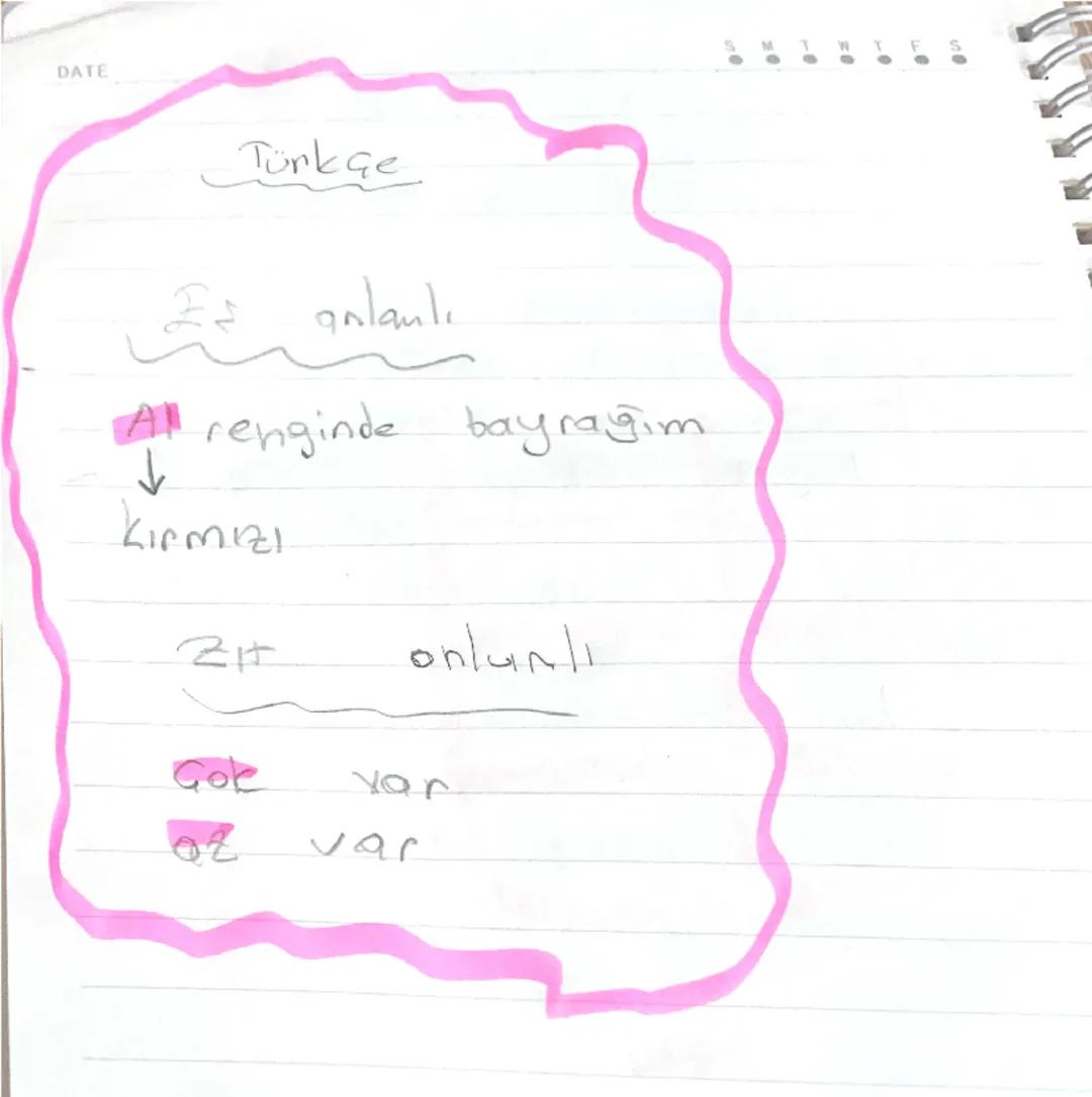 DATE
Türkçe
Eş anlamlı
Al renginde bayrağım.
Kırmızı
Zit onlanlı
Gok yar
02 var
S
W
S DATE
SMTWTFS
.......
Türkçe es anlanlı
ve zit