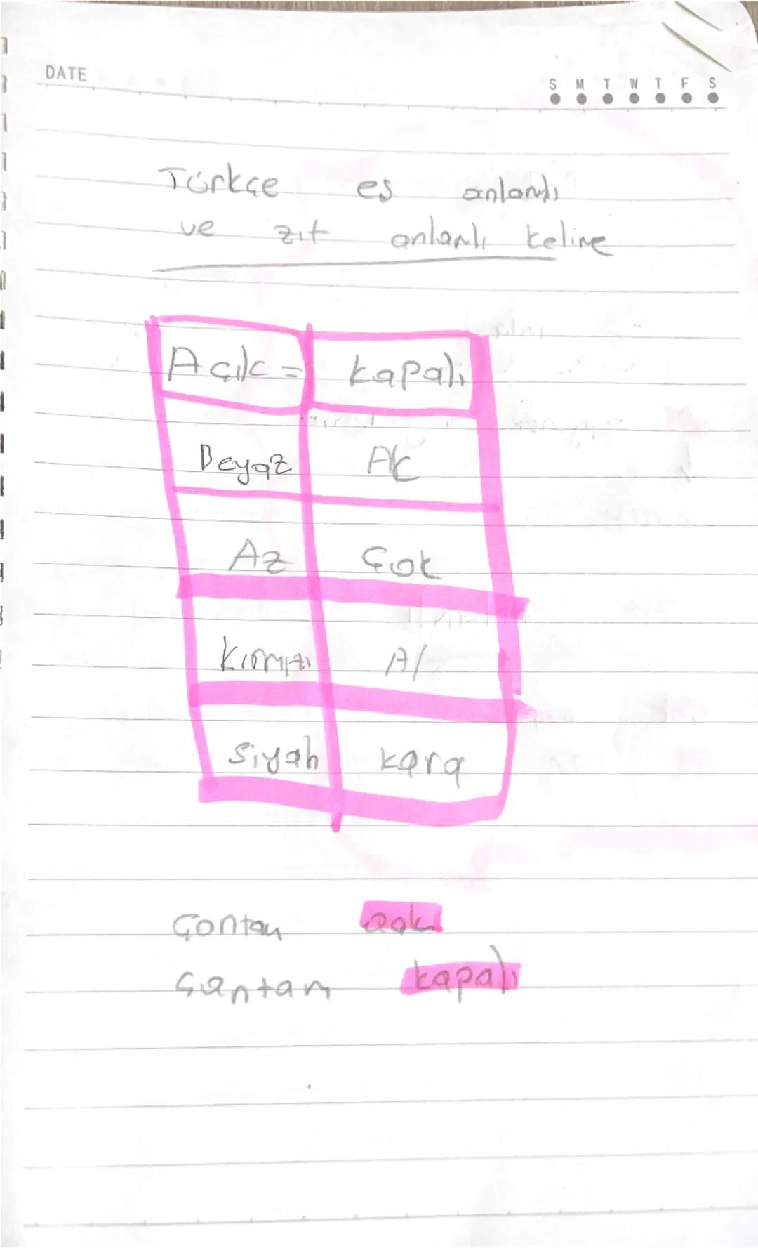 DATE
Türkçe
Eş anlamlı
Al renginde bayrağım.
Kırmızı
Zit onlanlı
Gok yar
02 var
S
W
S DATE
SMTWTFS
.......
Türkçe es anlanlı
ve zit