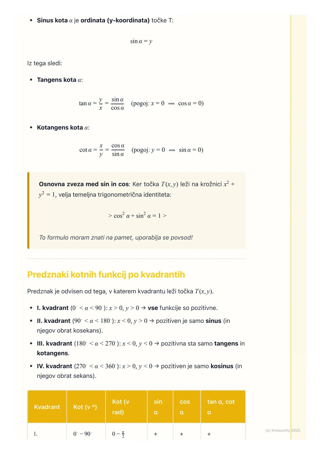 # Kotne funkcije v pravokotnem
trikotniku in na enotski
krožnici
Ponovitev kotnih funkcij v pravokotnem trikotniku
To je osnova, ki jo mor
