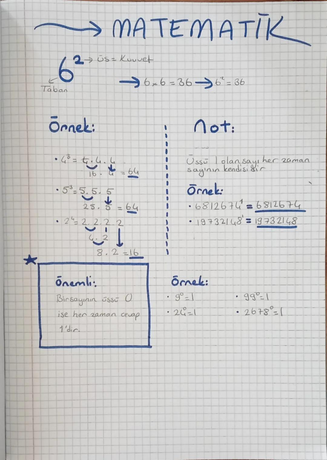 MATEMATIK
2 US = Kuvvet
62
Taban
6×6=36⇒6² = 36.
Örnek:
• 43 = 4.4.4
16-
•5-5.5.5
•
↓
25.5=64
22. 2.2.2
1
4.2
-
8.2=16
Not:
Ussü olan say!
k