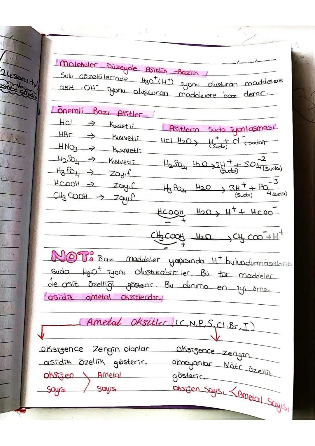 24 saruty
Moleküler
Düzeyde Asitlik -Bazlik
Sulu Gözeltilerinde
asit OH-
H30+ (H+)
iyonu oluşturan
Lōnemli Bazı Asitler /
Hcl → Kuvvetli
yon