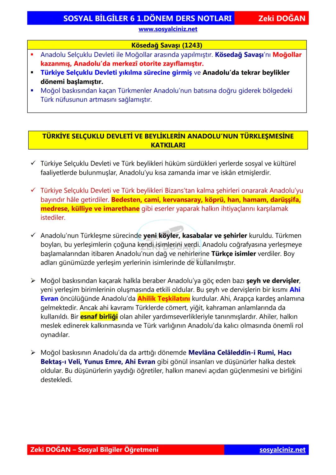 SOSYAL BİLGİLER 6
DERS NOTLARI
KONU ÖZETLERİ
Zeki DOGAN
Sosyal Bilgiler Öğretmeni
www.sosyalciniz.net
ZEKİ DOĞAN
sosyalciniz.net ## SOSYAL B