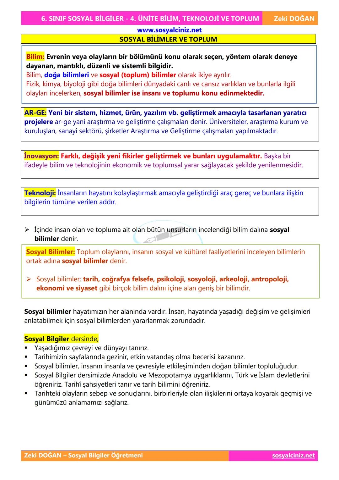 SOSYAL BİLGİLER 6
DERS NOTLARI
KONU ÖZETLERİ
Zeki DOGAN
Sosyal Bilgiler Öğretmeni
www.sosyalciniz.net
ZEKİ DOĞAN
sosyalciniz.net ## SOSYAL B