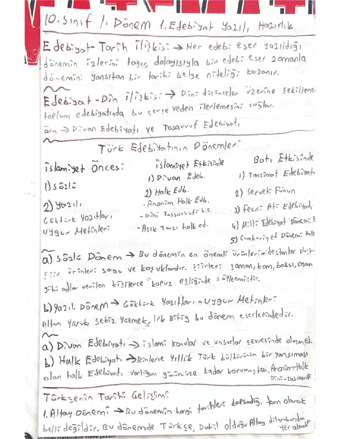 10. Sınıf Edebiyat 1. Dönem 1. Yazılı Hazırlık Özet