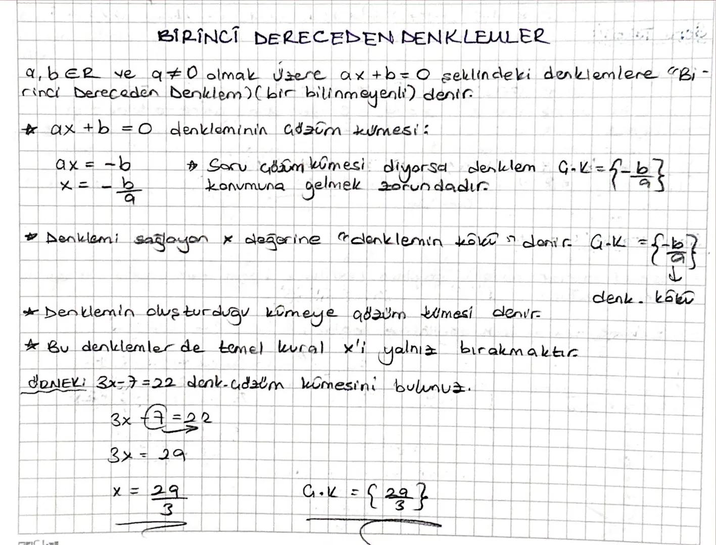 BIRINCI DERECEDEN DENKLEULER
a, bER ve 970 olmak Uzere ax+b=0 seklindeki denklemlere "Bi-
rinci Dereceden Denklem) (bir bilinmeyenli) denir.