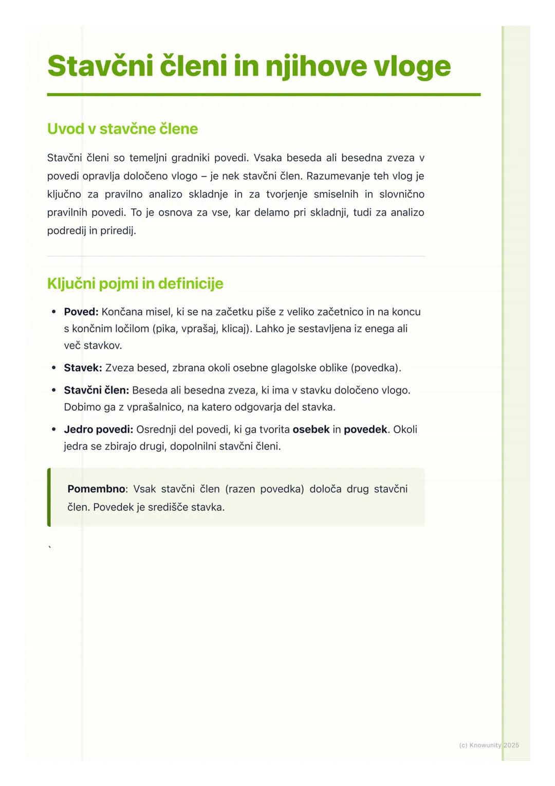 # Stavčni členi in njihove vloge
Uvod v stavčne člene
Stavčni členi so temeljni gradniki povedi. Vsaka beseda ali besedna zveza v
povedi o