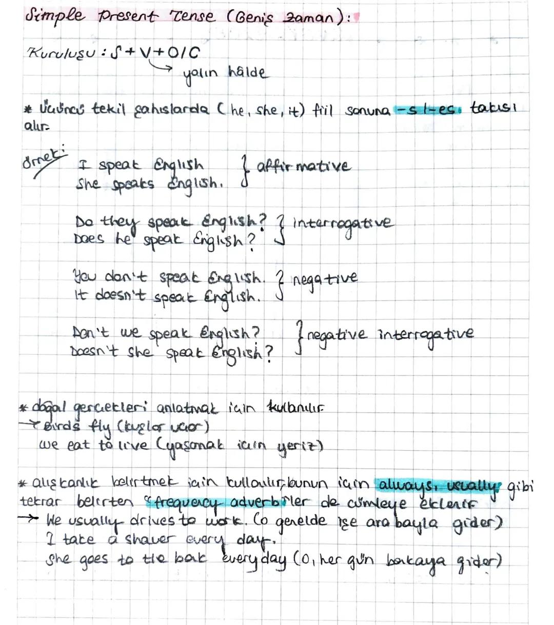 *
Simple Present Tense (Geniş Zaman):
Kuruluşu: 5+V+O/C
yalin halde
* Jaunai tekil şahıslarda ( he, she, it) fill sonuna -sl-es, takısı
aur