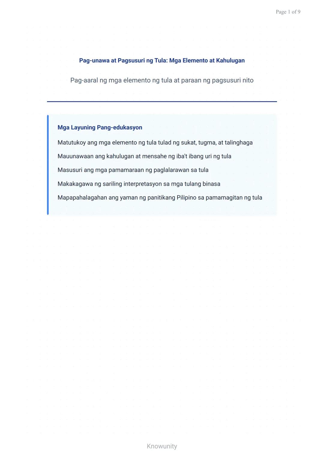 Pag-unawa at Pagsusuri ng Tula: Mga Elemento at Kahulugan
Pag-aaral ng mga elemento ng tula at paraan ng pagsusuri nito
Mga Layuning Pang-ed