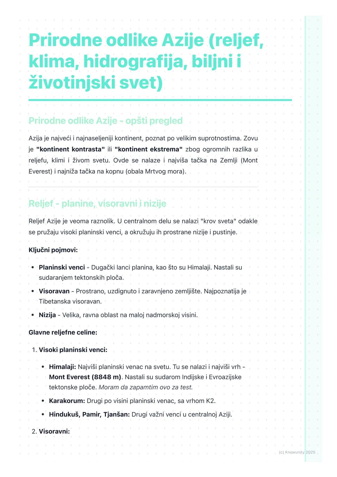 # Prirodne odlike Azije (reljef,
klima, hidrografija, biljni i
životinjski svet)
Prirodne odlike Azije - opšti pregled
Azija je najveći i