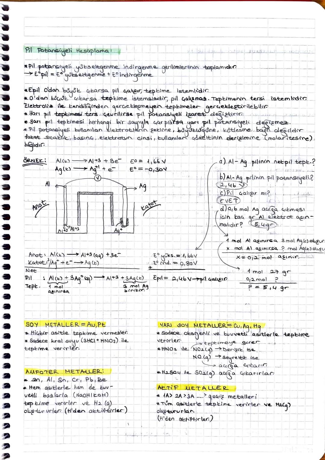 Pil Patansiyeli Hesaplama
* Pil potansiyeli yüksettgenme indirgenme gerilimlerinin toplamıdır.
→ E°pil = €°°
• yükseltgenme + & indirgenme
*