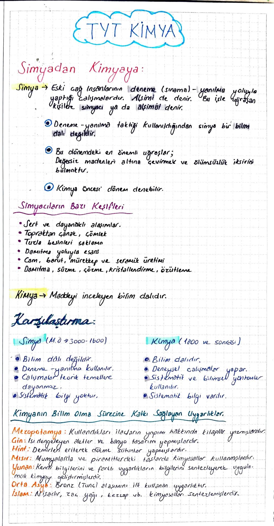 # TYT KİMYA
Simyadan Kimyaya:
Simya Eski çağ insanlarının deneme (sınama) - yanılma yoluyla
yaptığı çalışmelerdır. Alsimi de denir. Bu işl