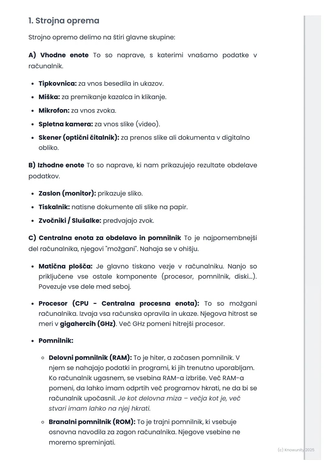 # Računalnik in njegove
komponente
Kaj je računalnik?
Računalnik je elektronska naprava, ki sprejema podatke, jih obdeluje in
nam prikaže