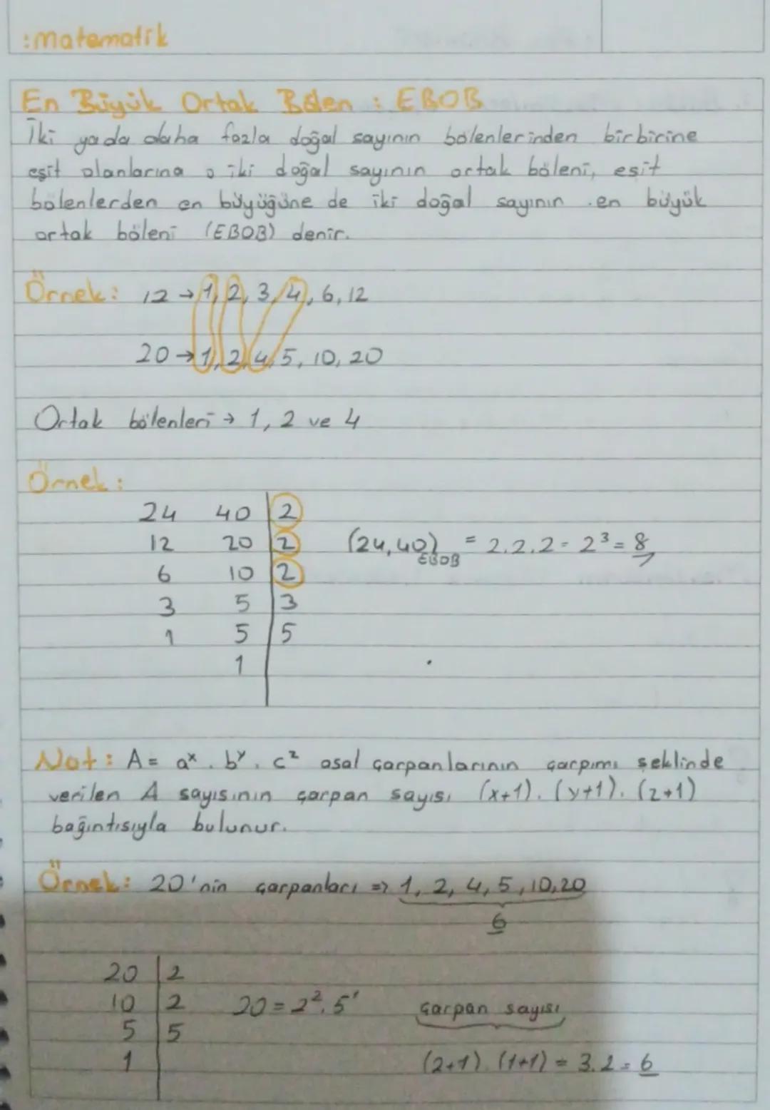 # Matematik
En Büyük Ortak Bolen: EBOB
İki yada daha fazla doğal sayının bölenlerinden birbirine
eşit olanlarına a iki doğal sayının ortak