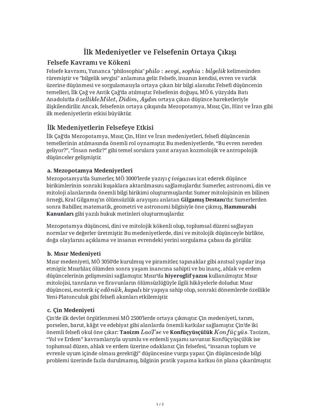 İlk Medeniyetler ve Felsefe