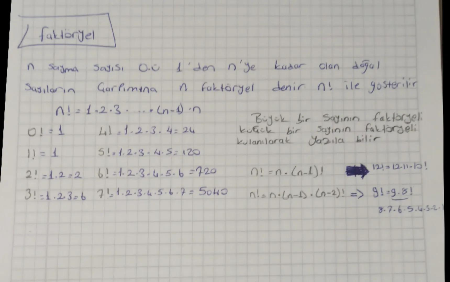 / faktoryel
n
Sayma
Sayısı
20
I'den n'ye
kadar olan
Olan doğal
Sasıların
Garfimina
n faktoryel
n!= 1.2.3. (n-1) .n
6131
11 = 4
41.1.2.3.4=24