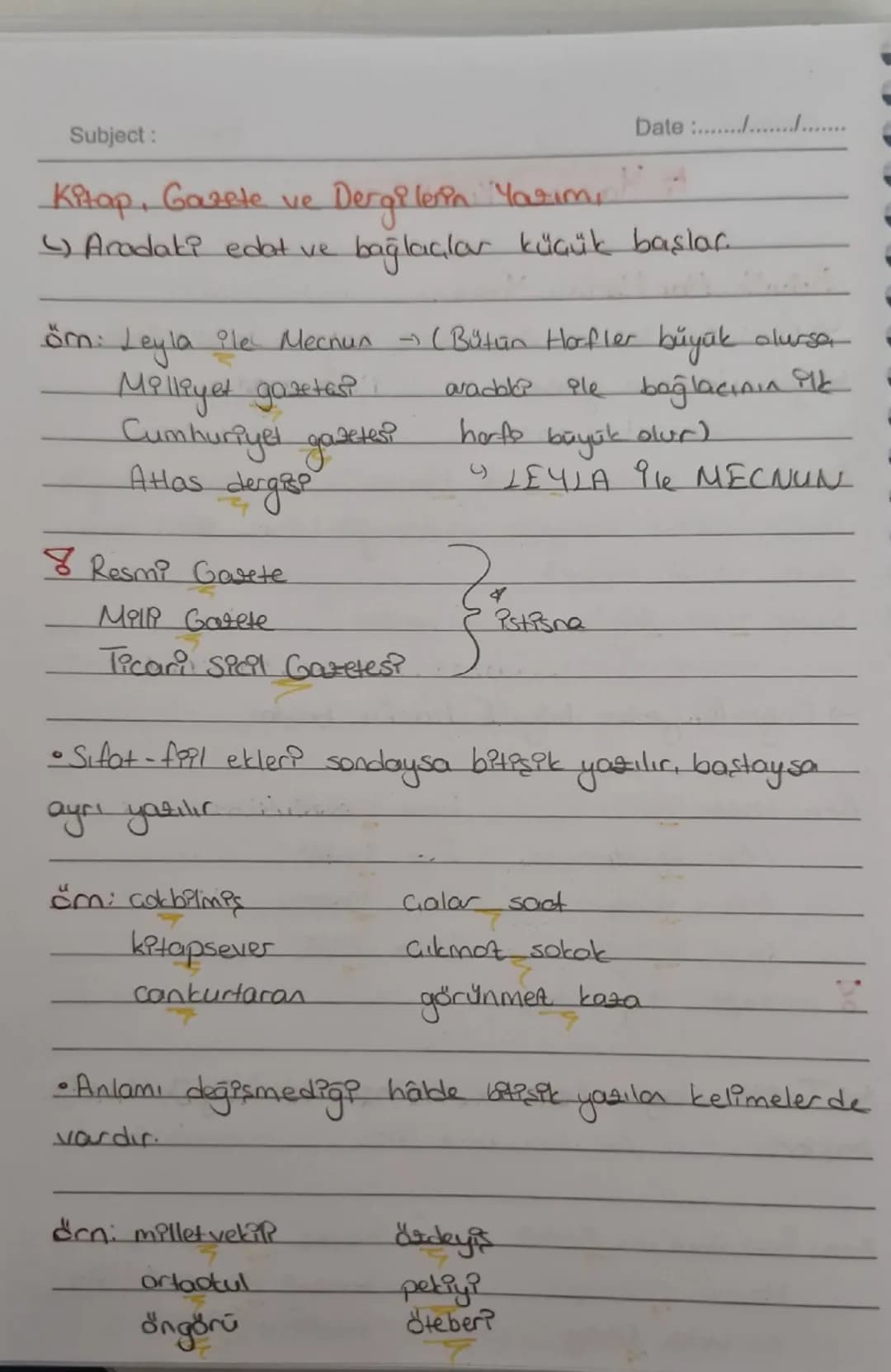 Subject:
Date :......./.../.
- Yazım Kuralları -
• Büyük Harflerin Yazımı
↳ Özel isimler ve özel isme bağlı unvan sıfatları
büyük harfle ya