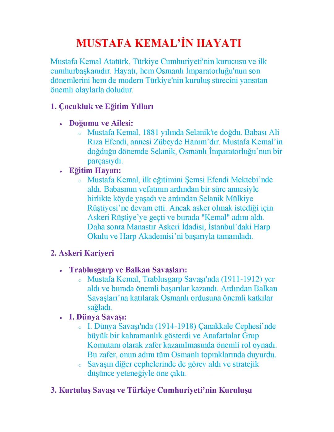 Mustafa Kemal’in Hayatı