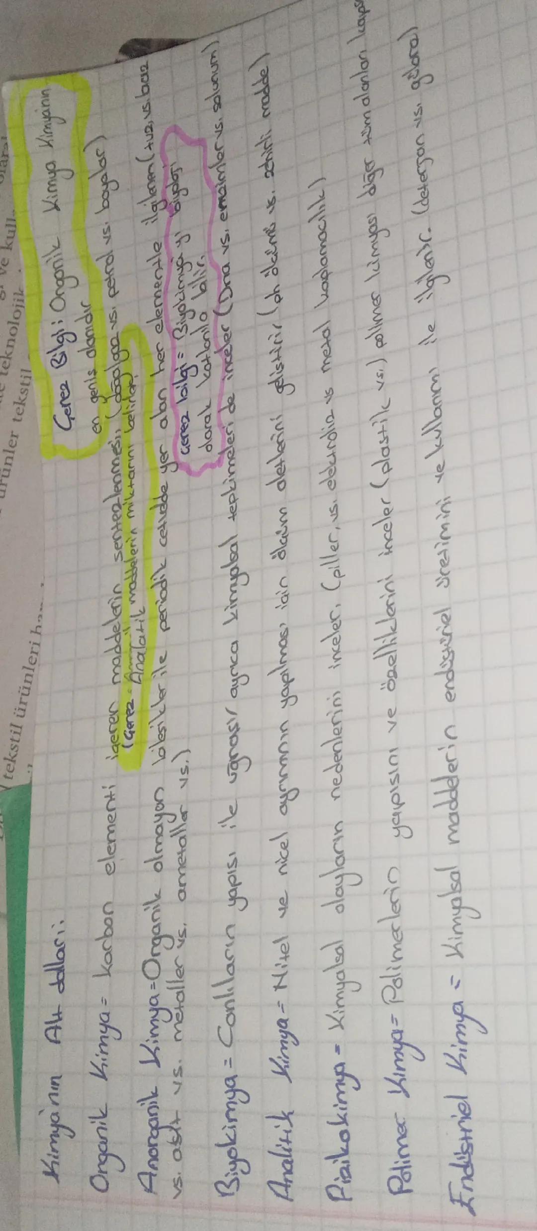 9. Sınıf kimya kimyanın alt dalları kısa ve net bir şekilde.