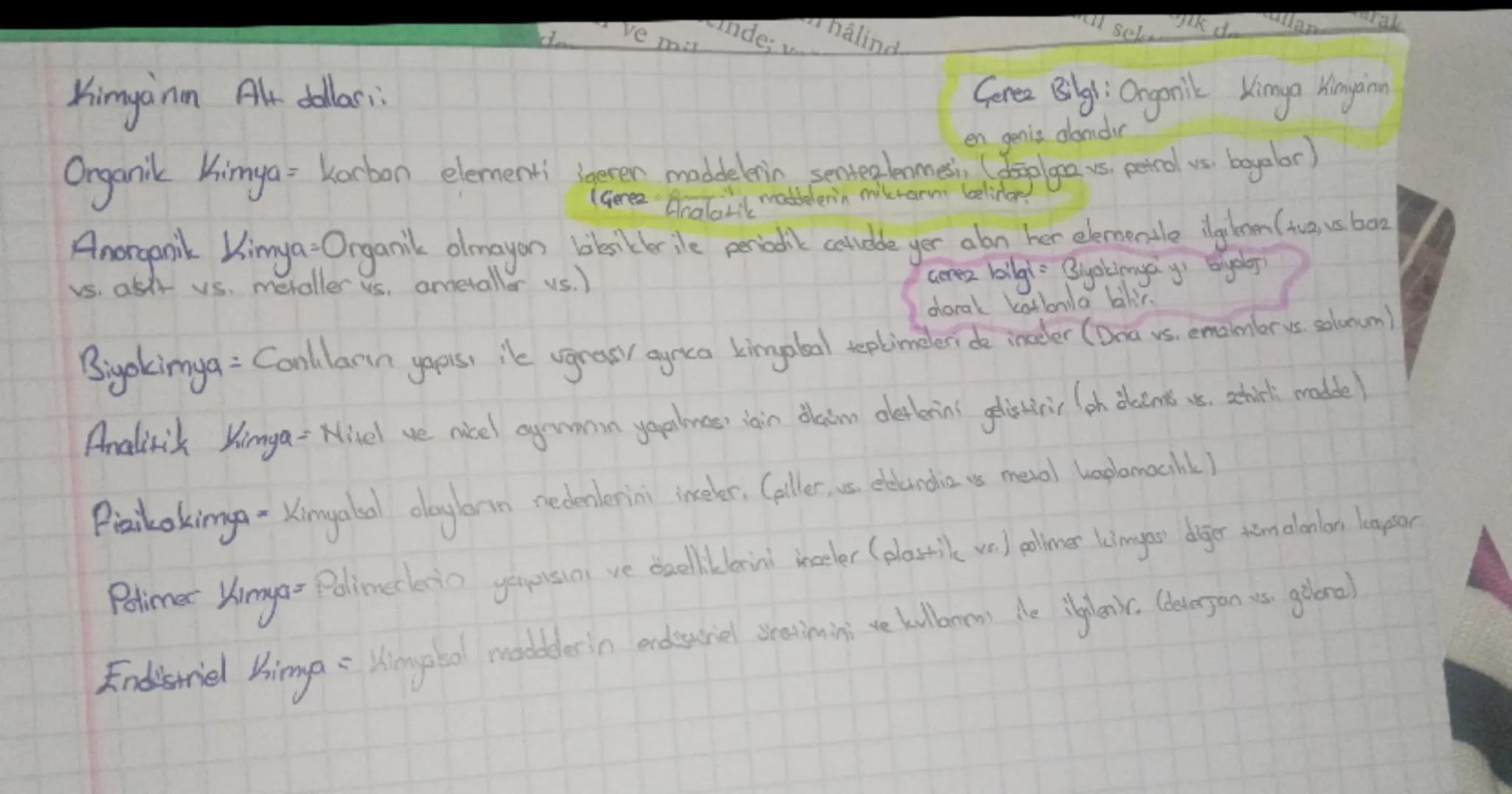 --- OCR Start ---
Kimyanın Alt dalları
Organik Kimya = karbon elementi
Anorganik Kimya = Organik olmayan
Biyokimya = Conlıların yapısı ile u