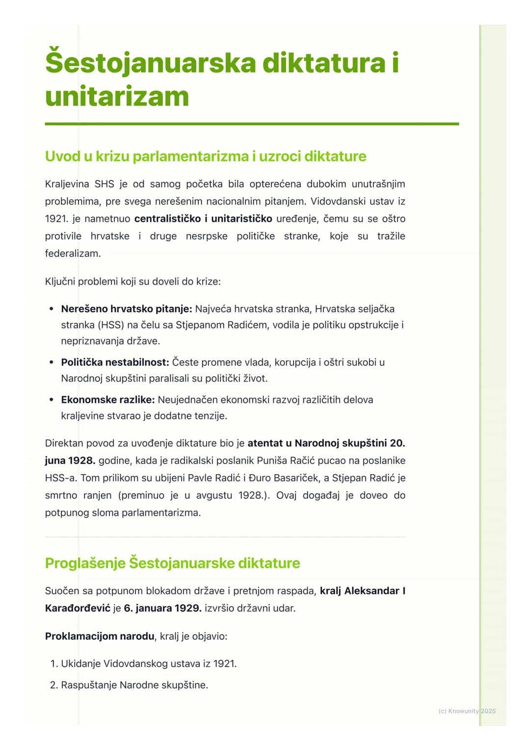 # Šestojanuarska diktatura i
unitarizam
Uvod u krizu parlamentarizma i uzroci diktature
Kraljevina SHS je od samog početka bila opterećena