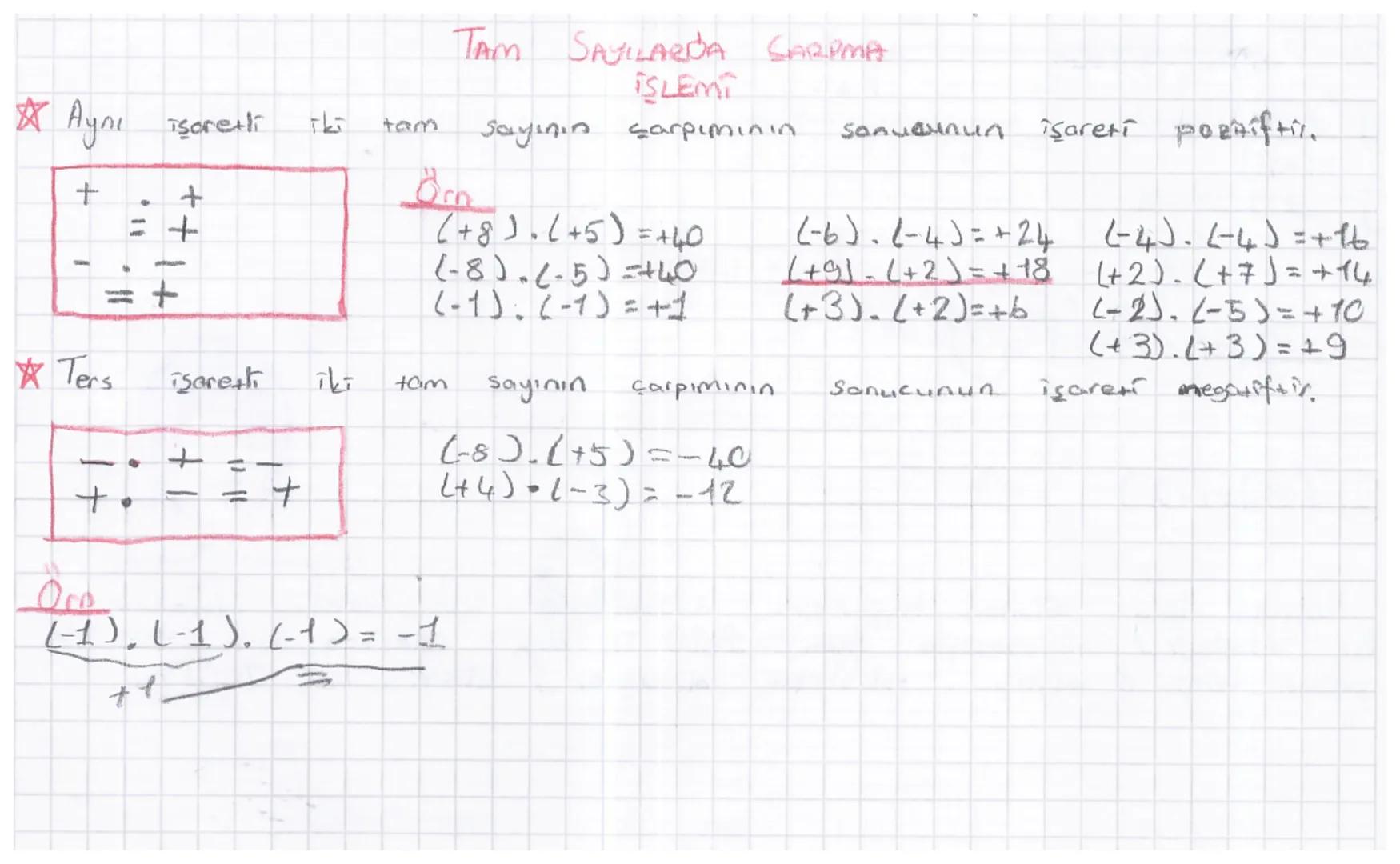 TAM SAYILARDA ÇARPMA
ISLEMI
☆ Aynı işaretti iki tam sayının çarpımının sonucunun işareti portiftir.
+ +
- -
=+ =+
Örn
(+8). (+5)=+40 (-6).(-