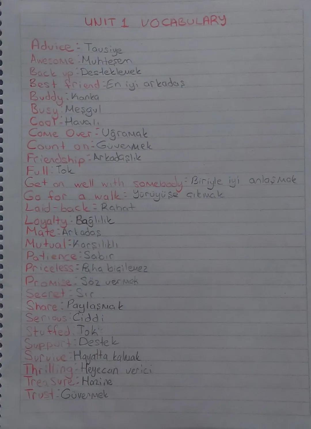 UNIT 1 VOCABULARY
Advice: Tausiye
Awesome Muhteşem
Back up Desteklemek
up
Best friend En iyi arkadaş
Buddy: Kanka
Busy Mesgul
Cool Havalı
Co