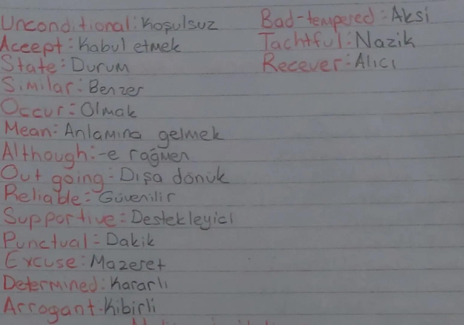 UNIT 1 VOCABULARY
Advice: Tausiye
Awesome Muhteşem
Back up Desteklemek
up
Best friend En iyi arkadaş
Buddy: Kanka
Busy Mesgul
Cool Havalı
Co