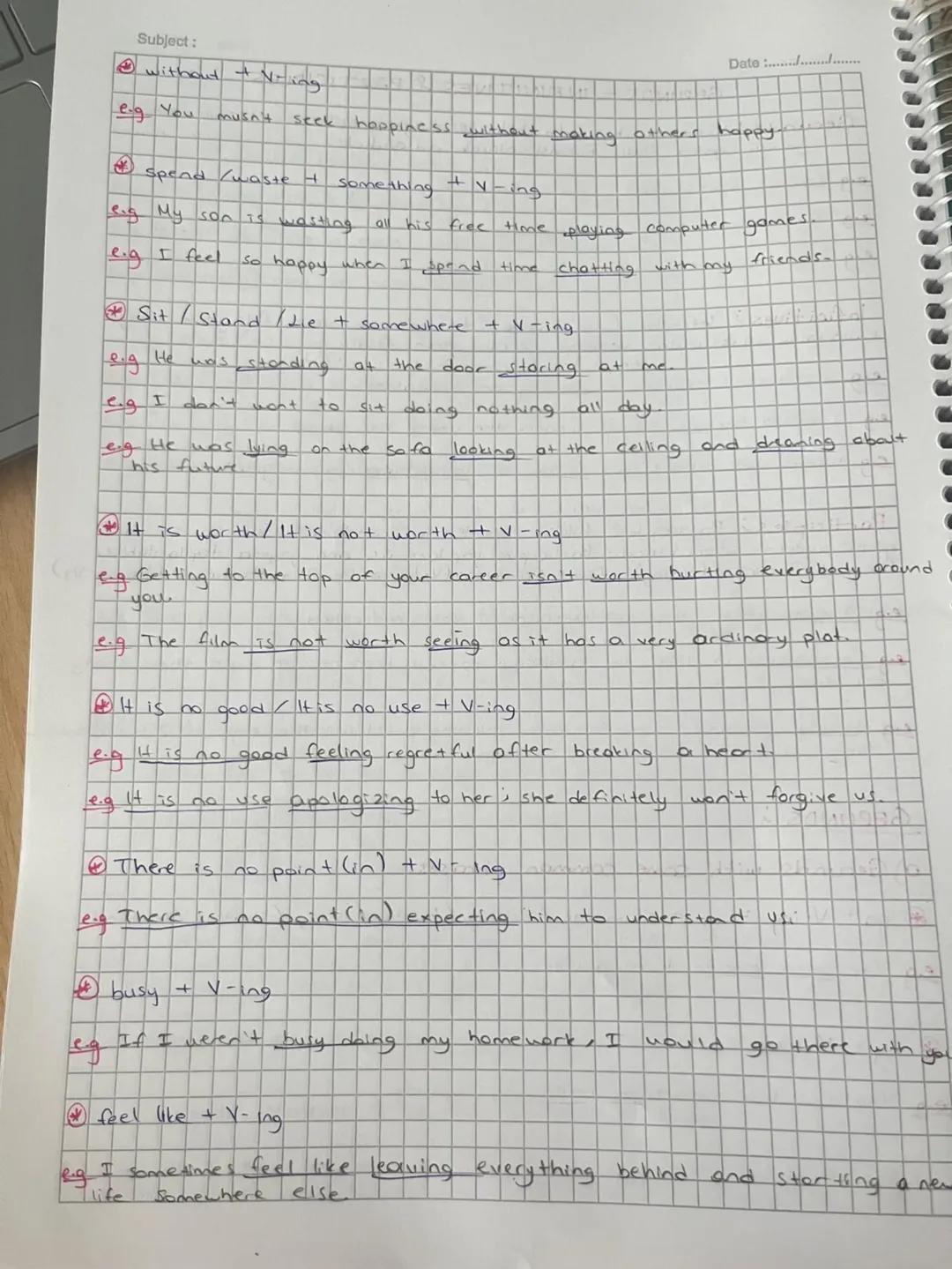 Subject:
Date
GERUNDS INFINITIVES & PARTICIPLES
Gerunds; "Gerund" bir filin köküne -ing getirilerek olusturulan ve
isim görevi garen Filldi