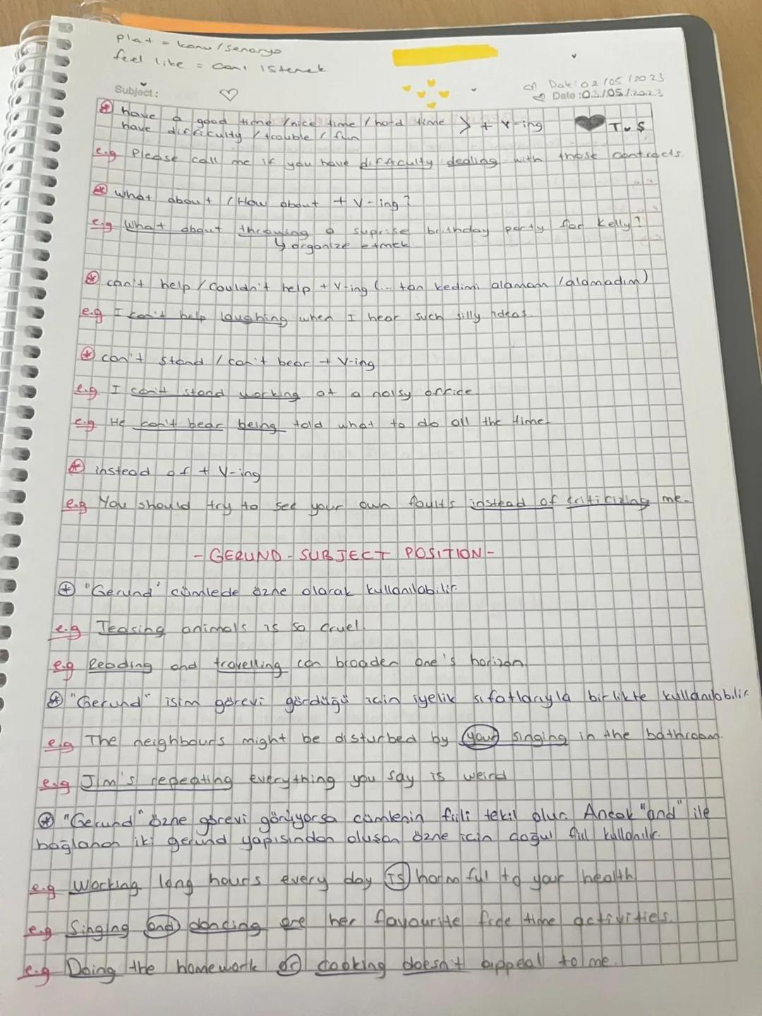 Subject:
Date
GERUNDS INFINITIVES & PARTICIPLES
Gerunds; "Gerund" bir filin köküne -ing getirilerek olusturulan ve
isim görevi garen Filldi