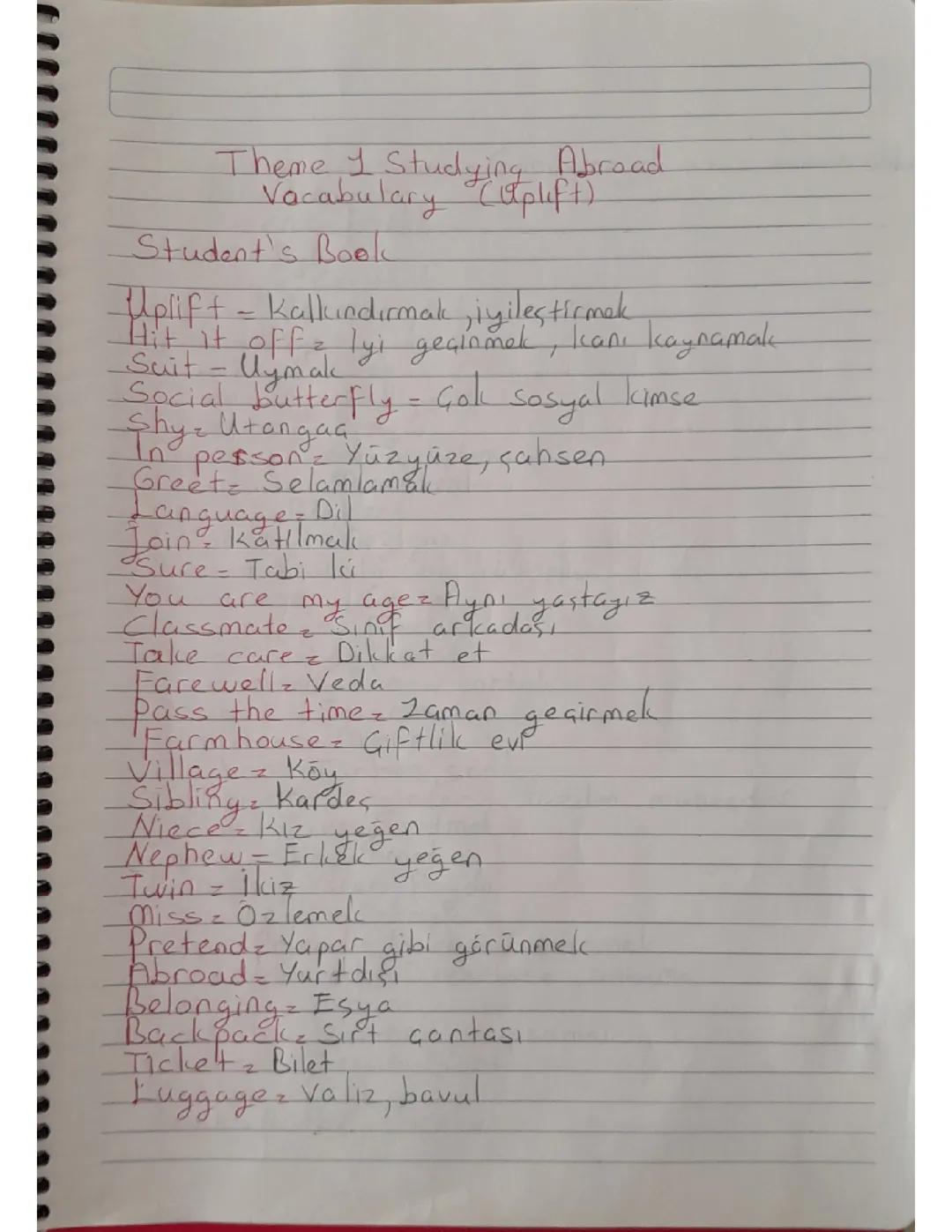 9 sınıf İngilizce 1 ünite kelimeleri