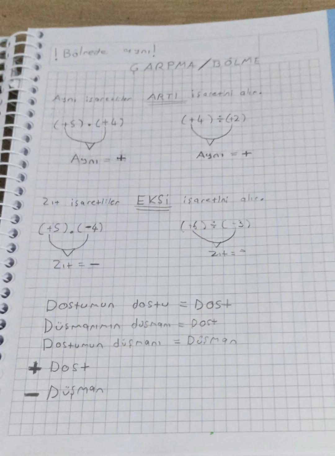 ! Balrede
04
My!!
GARPMA/BOLME
Ayni isarealiter
ARTL
isaretini alır.
(+5)+(+4)
Аул
Aynu= +
T
(+4)÷(+2)
Ayol = +
21+ isaretliler
(+5).(-4)
EK