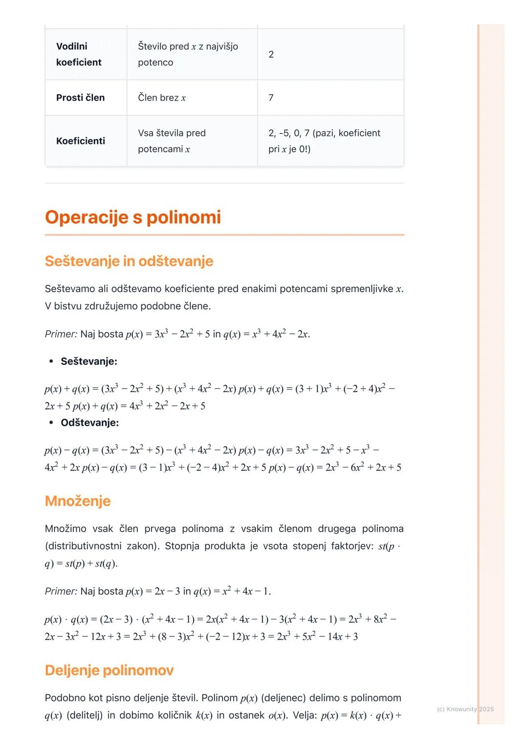 # Polinomi in njihove lastnosti
Uvod v polinome
Polinomi so ene od osnovnih funkcij v matematiki. So v bistvu posplošitev
linearnih in kva