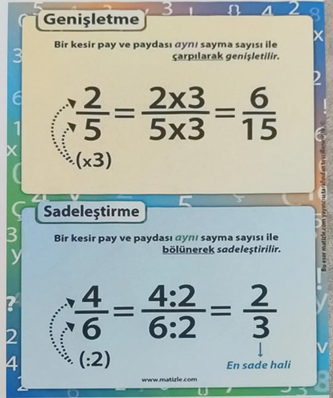 3
y
Genişletme
Bir kesir pay ve paydası aynı sayma sayısı ile
çarpılarak genişletilir.
42 8
X
2
2x3
6
=
5
5x3
15
(x3)
Sadeleştirme
5
Bir kes