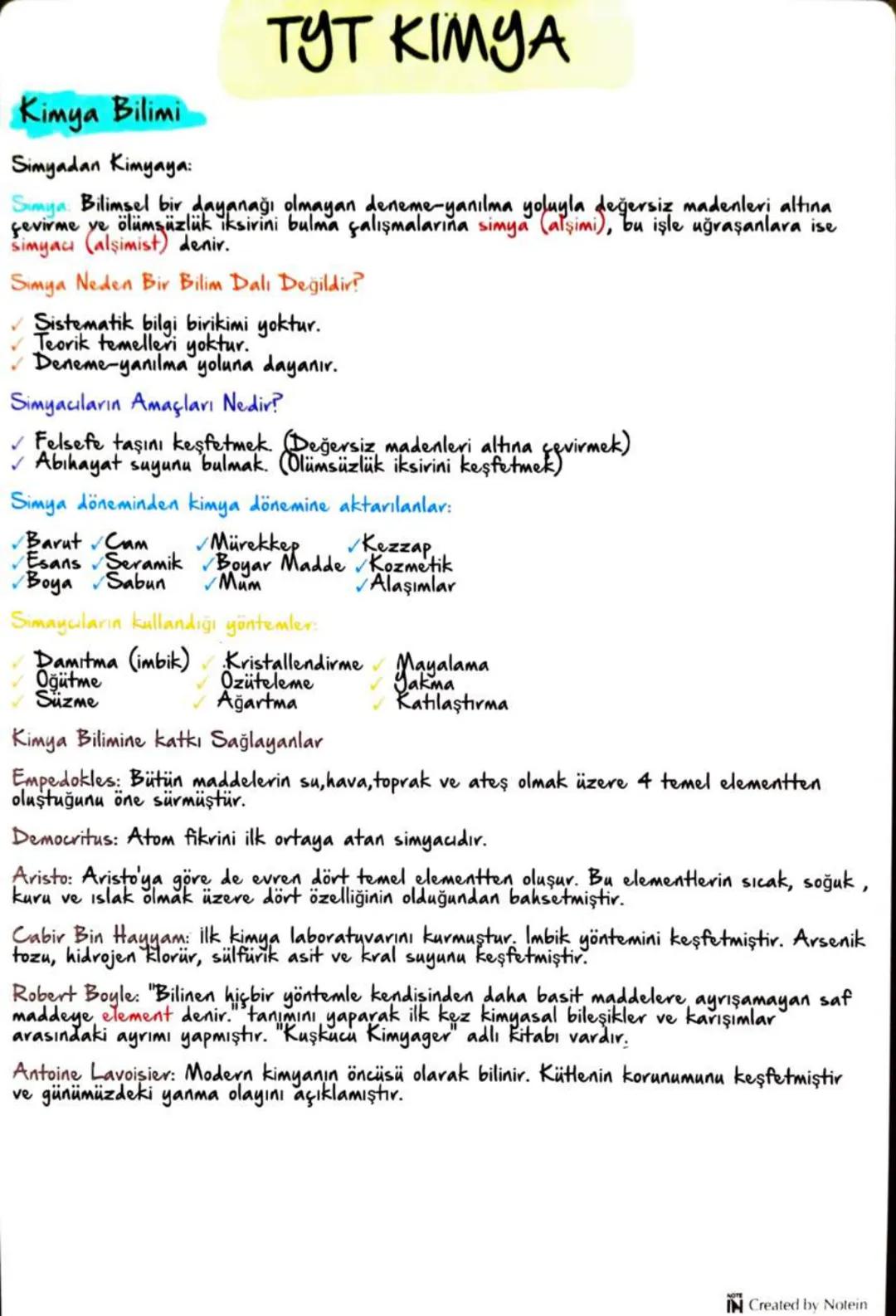 TYT KIMYA
Kimya Bilimi
Simyadan Kimyaya:
Simya Bilimsel bir dayanağı olmayan deneme-yanılma yoluyla değersiz madenleri altına
fevirme ye ölü