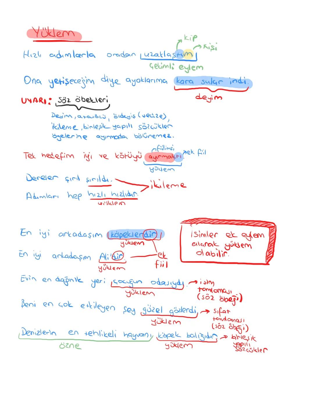 Yüklem
kip
Kisi
Getimli eylem
Hızlı adımlarla oradan uzaklaştım
Ona yetişeceğim diye ayaklarıma kara sular indi.
UYARI: Söz öbekleri
Devin,