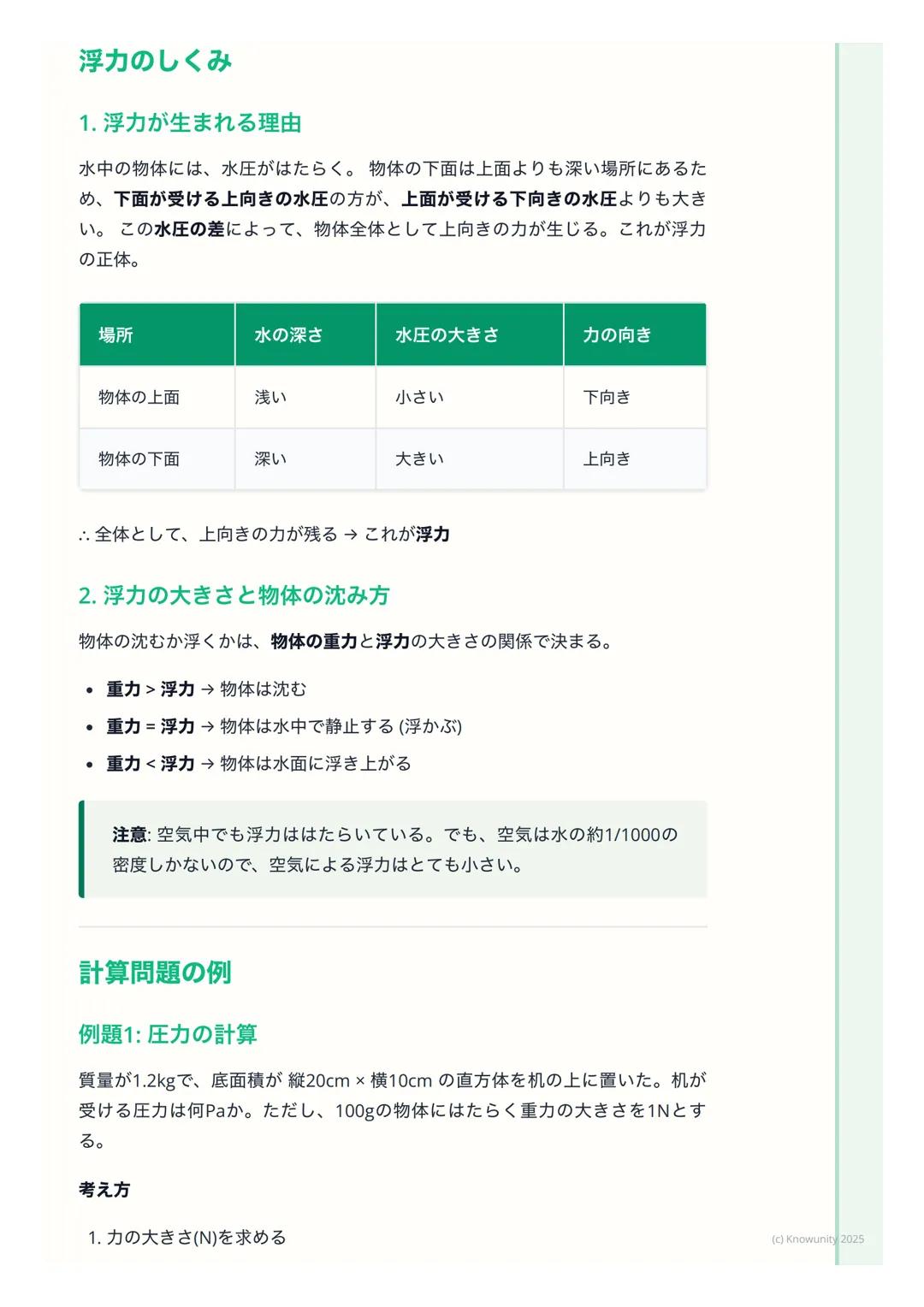 # 圧力と浮力
圧力と浮力の基本
力のはたらきの中でも、特に面にかかる力 「圧力」と、水のような液体や空気の
ような気体の中で物体を押し上げようとする力 「浮力」についてまとめる。日
常生活でも、スキーや船など、いろいろな場面で使われている考え方だから、し
っかり理解しておく