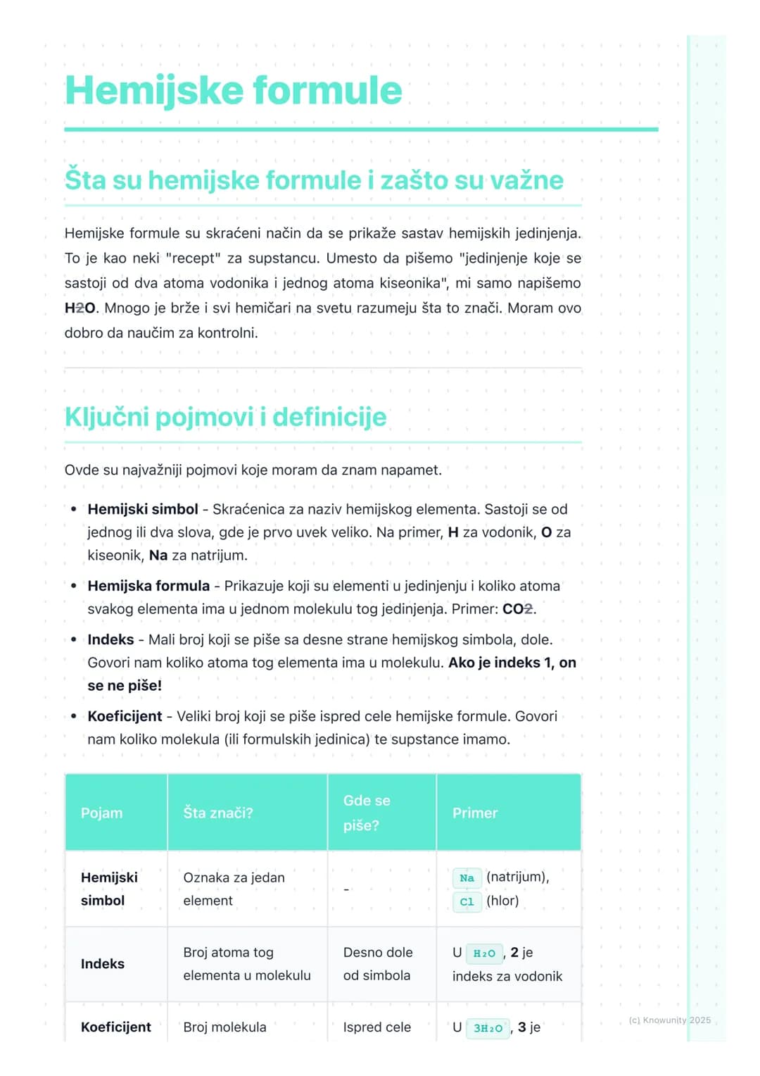# Hemijske formule
## Šta su hemijske formule i zašto su važne
Hemijske formule su skraćeni način da se prikaže sastav hemijskih jedinjenj